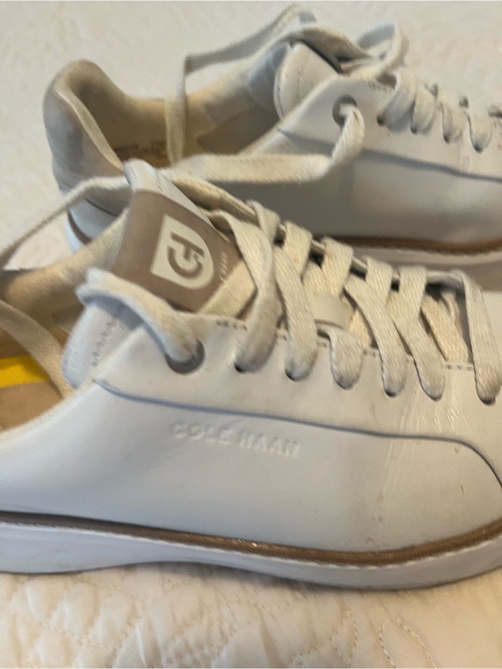 Cole Haan White Leather Sneakers with Tan Heel Tab and Brown Trim